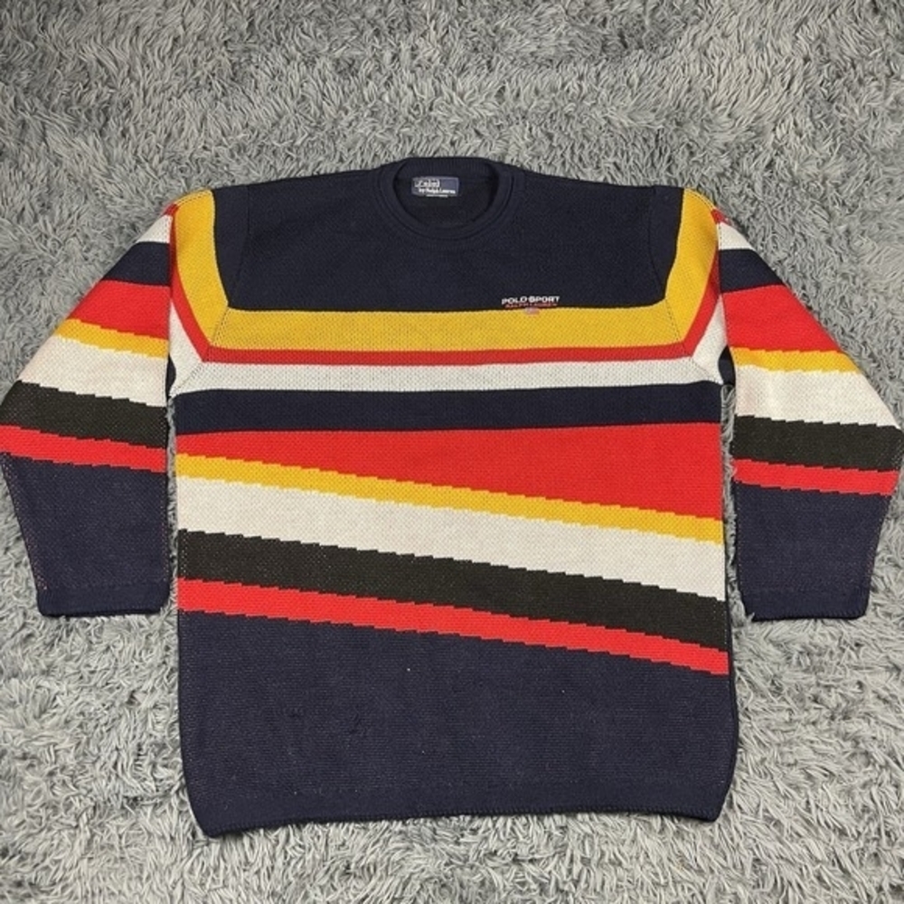 Vintage Polo by Ralph Lauren Men's Navy and Multicolor Striped Crewneck Sweater